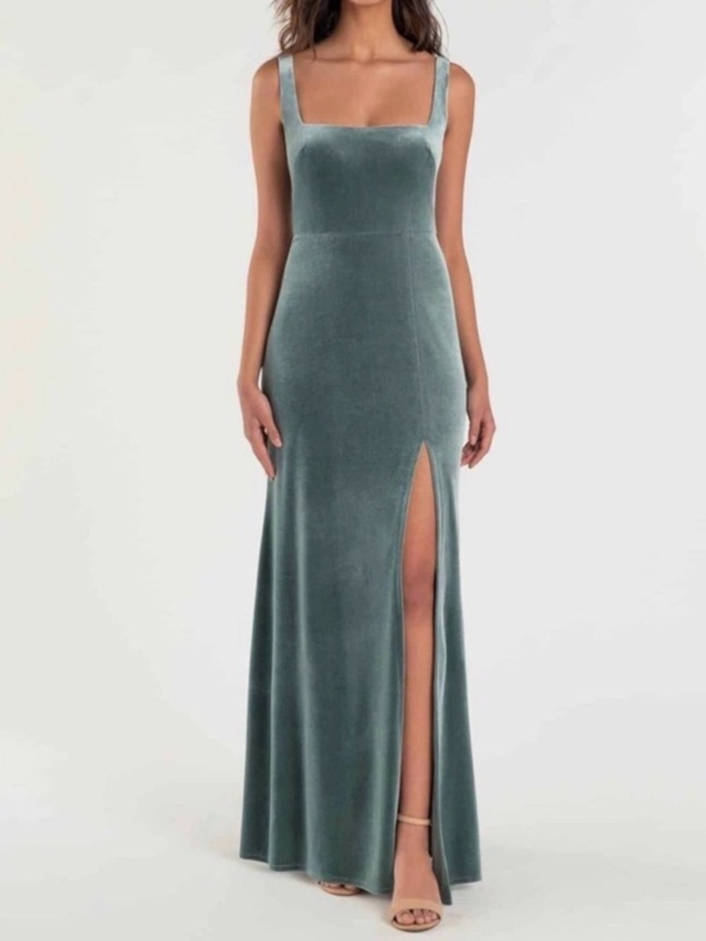Jenny Yoo BHDLN Formal Dress Mara Green Velvet Sleeveless Square Neck Gown